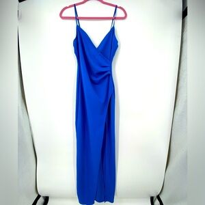 Windsor Long Dress High Slit Royal Blue Wrap Front Ruched‎ on Side Size Small